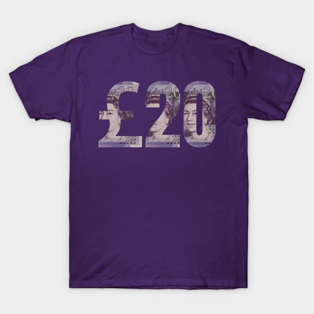 £20 British Pound Sterling Banknote Note Bill Purple Paper Money T-Shirt by Enriched by Art